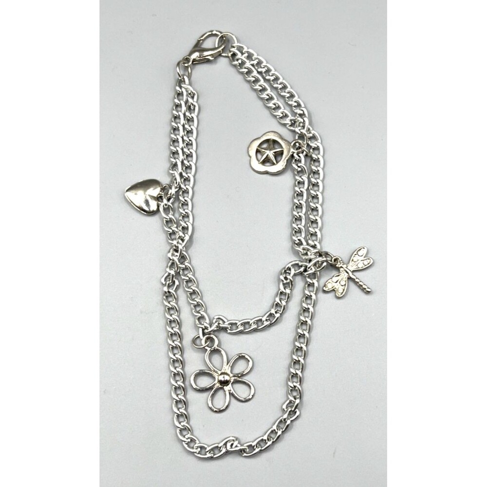 Silver Tone Multi Strand 12" Charm Necklace Flower Dragonfly Start Heart Chain